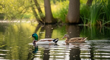 Ducks swimming in a serene pond with lush greenery and trees.