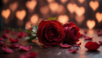 A pair of deep red roses and scattered petals on a dark wooden table with romantic heart-shaped bokeh lights creating a loving and passionate atmosphere