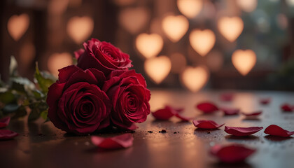 A pair of deep red roses and scattered petals on a dark wooden table with romantic heart-shaped bokeh lights creating a loving and passionate atmosphere