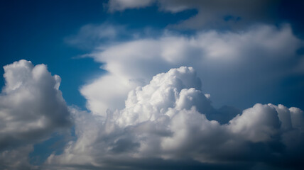 Dramatic cumulus clouds against a bright blue sky with sunlight Keywords: clouds, sky, blue sky