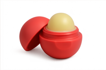 Red spherical lip balm container open transparent background