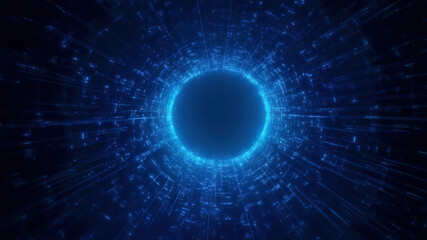 Neon blue vortex tunnel technology cyberspace information datum glow pulsing grid lines abstract depth futuristic flow digital energy motion center portal concept immersive calm mood