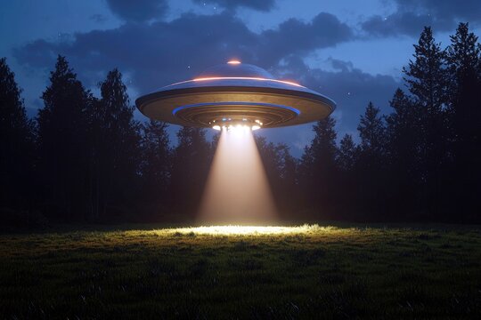 3d rendering of alien flying-saucer hovering over grassy field at night with bright light beam for sci-fi scene design