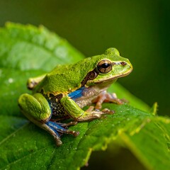 Fototapeta premium Macro shot of a bright green frog on a vibrant green leaf