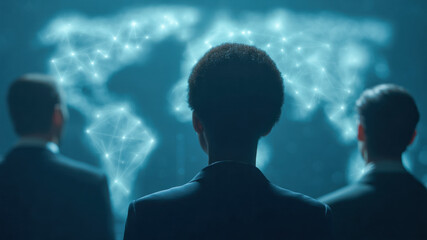 Technology network global map, cyberspace strategy team, information security, datum flow visualization empower decision, futuristic office glow, corporate analytics focus