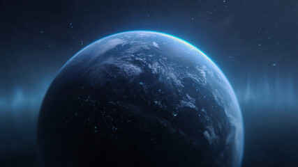 Planet space horizon glow blue sphere night cosmic nebula galaxy technology breathes through cyberspace as information flows like datum around serene blue planet, glowing horizon ushers calm