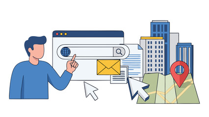 Man Interacting With Digital Interface Showing Website Elements Mail Envelope Map Navigation Icons And City Buildings With Cursor Overlays Demonstrating Online Services And Navigation