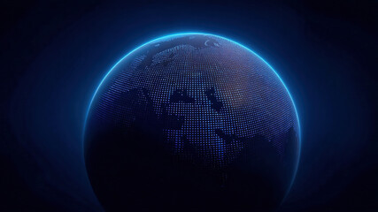 Technology cyberspace information datum glow globe digital earth map sphere network grid dark blue horizon futuristic minimal style conveys calm wonder