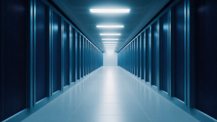 Fototapeta premium Futuristic server corridor with cool blue light, technology hum cyberspace where information flows and datum secure, long perspective hallway evokes calm focus and precision, clean modern
