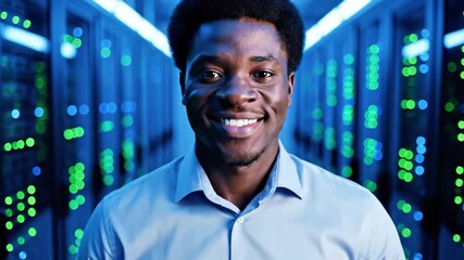 A smiling man holding a laptop poses in a server room filled with glowing data racks