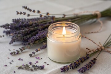 A minimalistic scene with a single scented candle in a frosted glass jar,