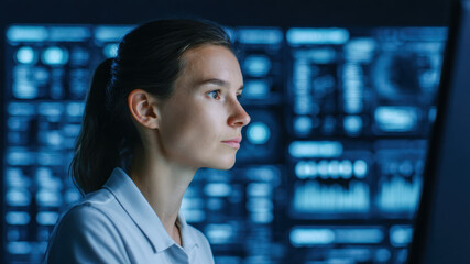 Focused woman analyst computer dashboard data analysis metrics kpi database technology finance