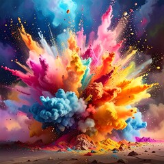 Obraz premium A vibrant, exploding cloud of colorful powder fills the frame