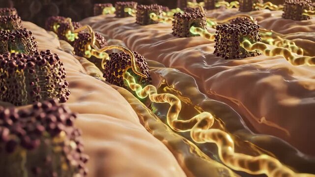 Endoplasmic reticulum-bound ribosomes translating membrane proteins, with polypeptide chains threading into the ER lumen. The ER membranes ripple slightly with each addition