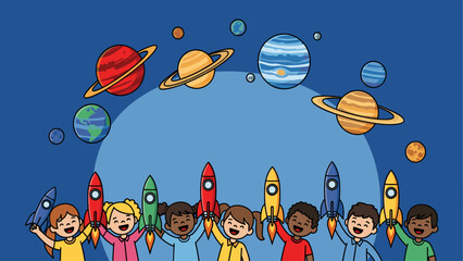 Joyful Diverse Children Holding Rockets, Surrounded by Colorful Planets in Space. Cartoon Illustration of Kids Dreaming of Astronaut Adventures & S... © shat