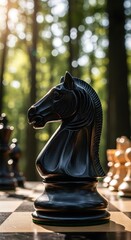A detailed close-up view of a polished black chess knight piece positioned on a light-colored checkered board, bathed in natural sunlight, with a blurred background of lush green trees and bokeh.