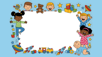 Playful Childhood Border with Diverse Kids and Toys on Light Blue Background, Blank Frame for Text or Image