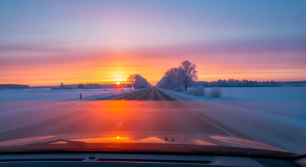 Stunning sunset over frozen lake, capturing vibrant colors and serene landscape.