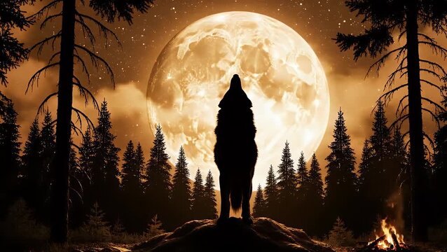 A powerful silhouette of a wild wolf standing proudly and howling intensely at the luminous full moon during a mystical night