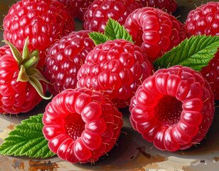 Close-up of vibrant, plump red raspberries with green leaves