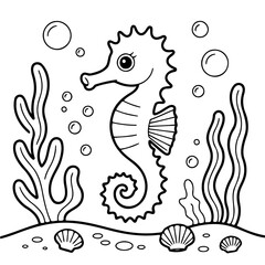 Fototapeta premium Seahorse Illustration in Ocean: A charming seahorse gracefully swims in the underwater world, surrounded by gentle waves and marine plant. It is a lovely design of underwater animal