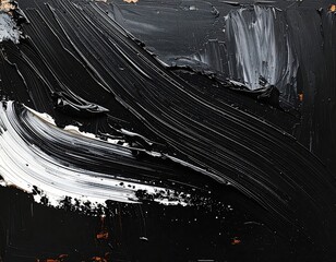 Close-up of thick, textured brushstrokes in shades of black and white