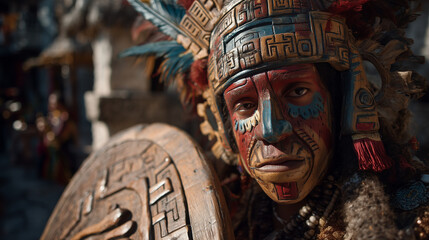 Obraz premium A Vibrant Depiction of the Rabinal Achí, a Traditional Mayan Dance Drama from Guatemala, Showcasing an Indigenous Performer in Ceremonial Attire and a Shield
