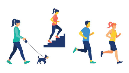Obraz premium People exercising outdoors running walking a dog and climbing stairs