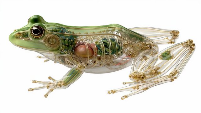 Transparent frog anatomy displaying internal organs, skeletal structure, detailed bones, muscles, green skin, golden bones in scientific 3D illustration highlighting biological complexity and design