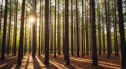 Sunlight filtering through a dense pine forest creating long shadows on the ground.