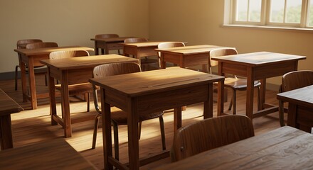 Empty Vintage Classroom with Sunbeams Illuminating Wooden Desks and Chairs.