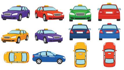 Naklejka premium Colorful cartoon illustration of various cars shown from different perspectives