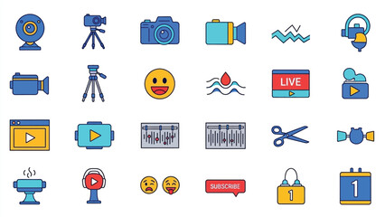 Collection of colorful broadcasting video editing and streaming related icons