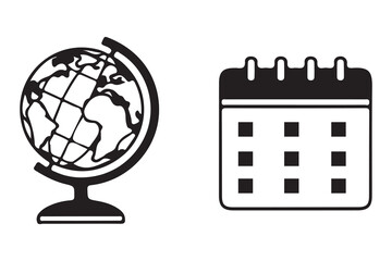 Stylized black and white icons of a globe and a calendar isolated on white background