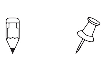 Simple hand drawn sketch of a pencil and a pushpin isolated on white background