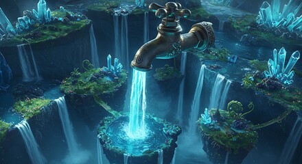 Ethereal Crystal Grotto with Cascading Water from an Ancient Faucet.