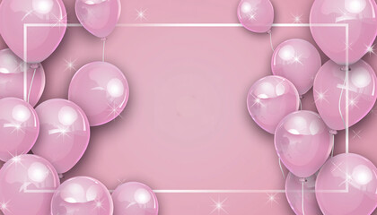 Pink party balloons and purple bubbles illustration vector frame on a colorful glossy background design for birthday celebration
