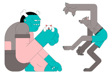 Png werewolf and frankenstein halloween characters sticker, transparent background