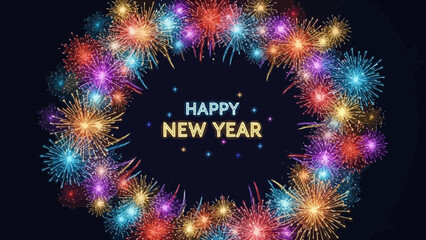 Festive Fireworks Display: A vibrant, colorful array of fireworks bursts across the night sky, spelling out Happy New Year, creating a festive and celebratory atmosphere.