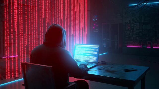 Anonymous hacker in a dark room, illuminated by glowing code on a laptop screen and neon lights.