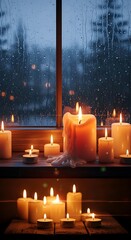 Warm candlelight illuminates a windowsill on a rainy night, casting a cozy glow on the wooden surface.