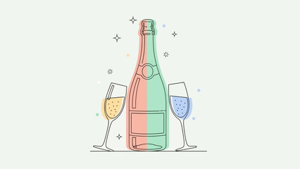 Festive Toast: A line art illustration of a champagne bottle and two glasses, suggesting celebration and joy. The vibrant colors evoke a sense of festivity and occasion.