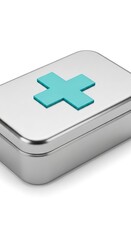 Small metallic container featuring a prominent aqua medical symbol is isolated on a bright background.