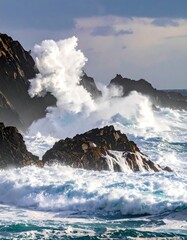 Ocean waves crashing against rocky coastline, powerful display