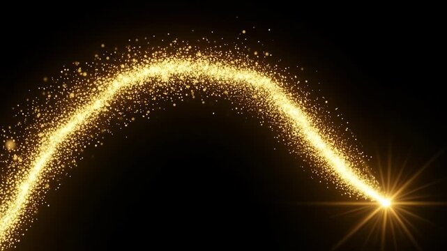 Magical golden sparkle trail with glowing starburst on black background