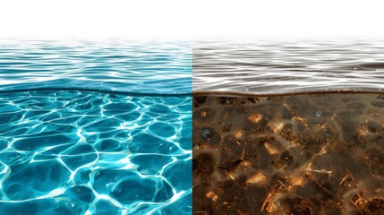 striking comparison of crystal-clear blue water and polluted brown water, highlighting environmental impact and the importance of ocean conservation.