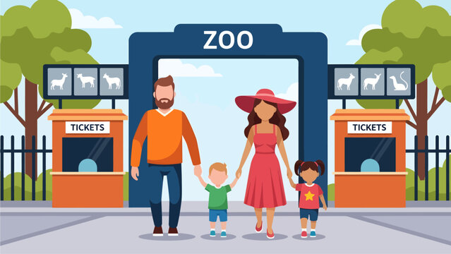 A cheerful family of four walks hand-in-hand toward a large blue zoo entrance, flanked by orange ticket booths displaying animal silhouettes, ready to enjoy a sunny day of adventure together