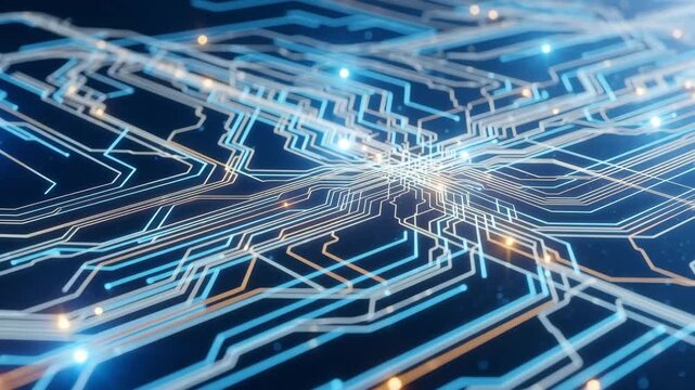 Abstract glowing circuit board network with futuristic blue and orange lights