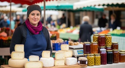 Woman selling artisan cheese at a vibrant farmers market stall in town