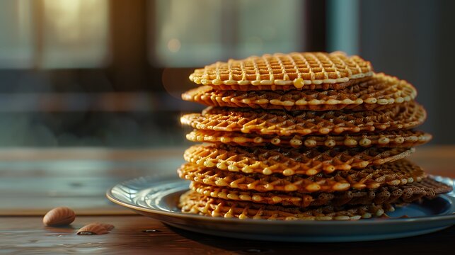 A stack of stroopwafels on a plate with a bowl in the background on a burlap surface setting